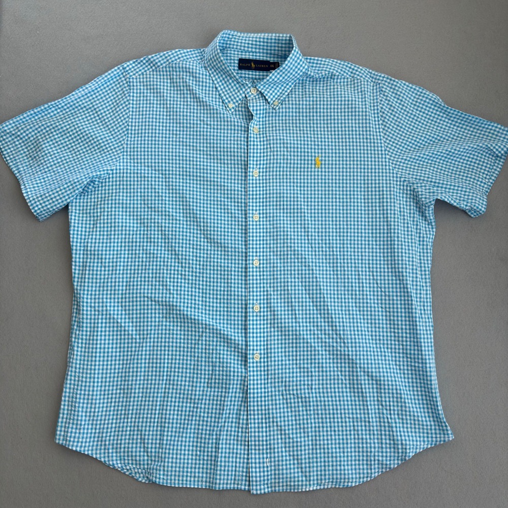 Ralph Lauren Mens XXL Blue White Gingham Short Sleeve Button Down Shirt Cotton